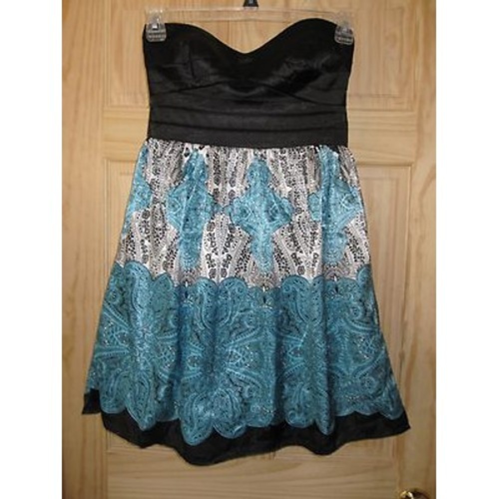 NEW Studio Y Black/White/Blue Strapless Paisley Print Short Dress sz 1/2 Pretty!